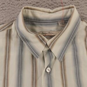 Indigo Palms Shirt Mens L Blue Brown Striped Polynosic Button Up by Tommy Bahama